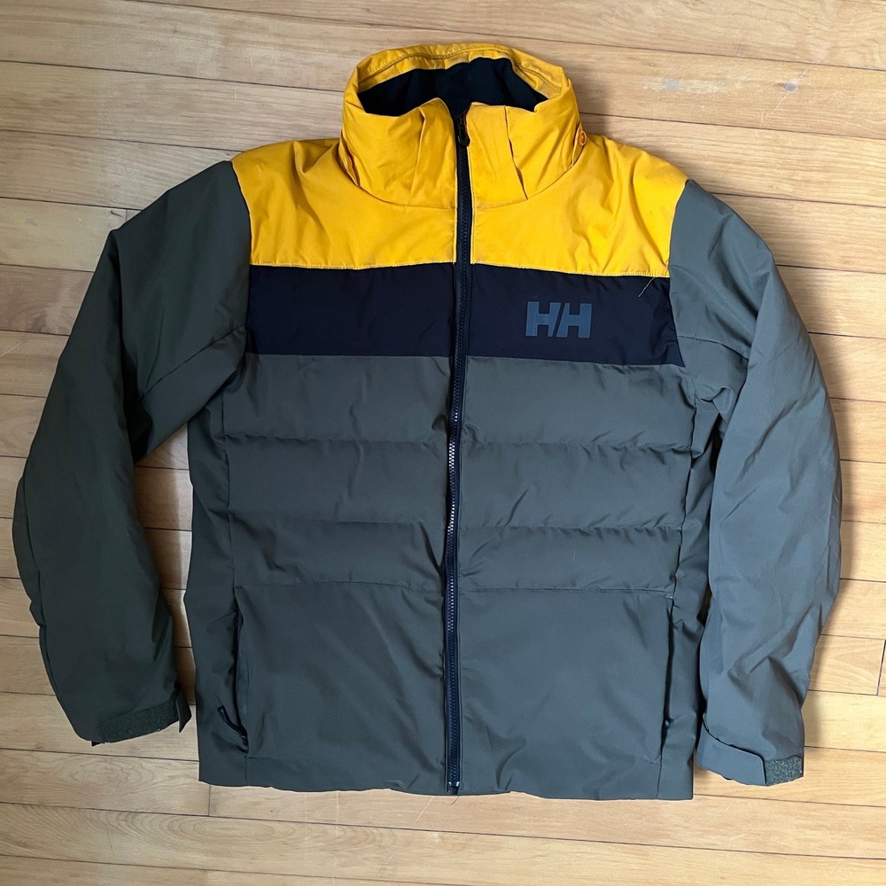 Helly Hansen Men Puffer Jacket Colorblock Olive Green Yellow Full Zip Size 16